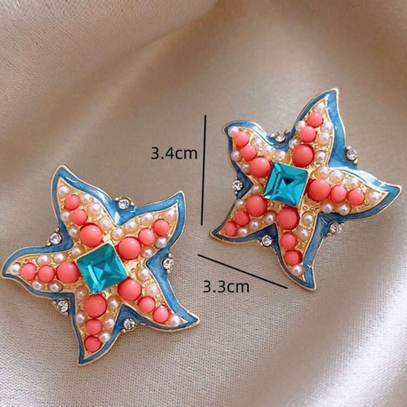 Tropical Starfish, Faux Pearl & Rice Bead Stud, Multi Color, Vacation Earrings - Picture 3 of 4